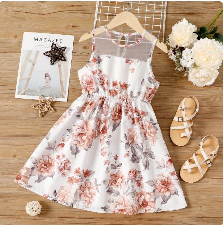 Pat Pat Kid Girl Floral Print Mesh Design Sleeveless Dress, 7-8T */