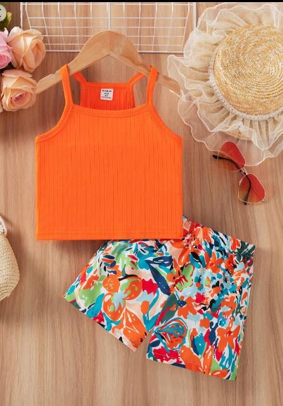 Shein 2pcs Crop Top Ribbed Tank Top & Flower Print Shorts Set, 7T /