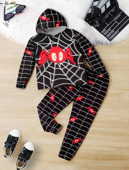 Shein Young Boy Spider Pattern Long Sleeve Hooded Set, 3-4T /