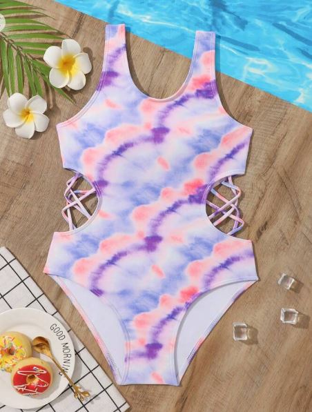 Shein Tween Girl Tie Dye Criss Cross Cut Out One Piece Swimsuit, 11-12T */