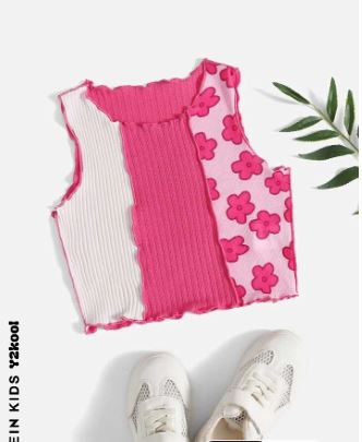 Shein Kids Y2Kool Girls Colorblock & Floral Print Rib Knit Tank Top, 11-12T*/