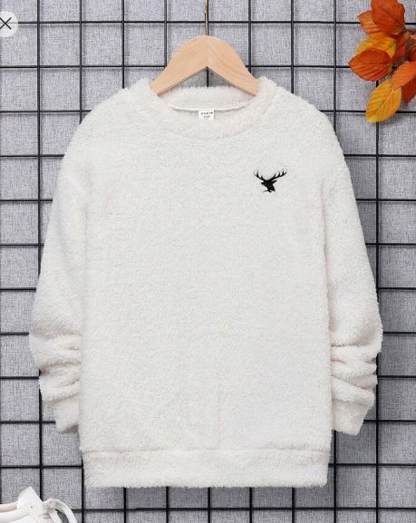 Shein Tween Boy Deer Embroidery Drop Shoulder Flannel Sweatshirt, 10T */