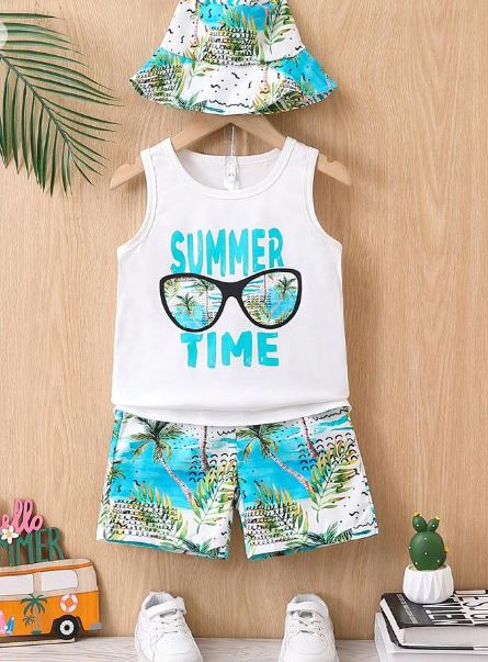 Shein 2pcs Young Boys' Casual Allover Print Vest & Patterned Shorts With Hat /