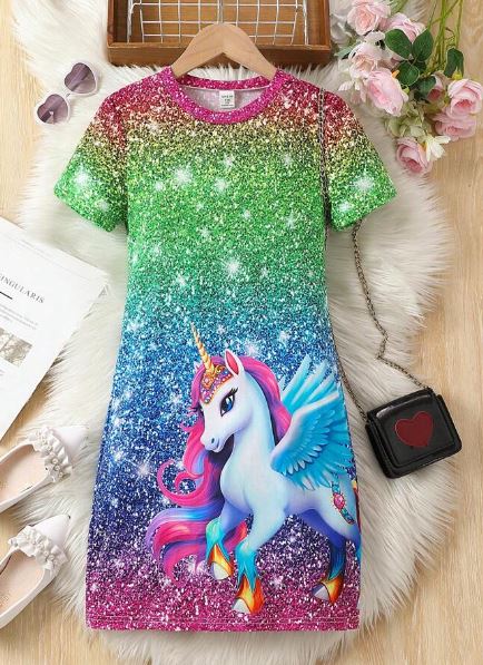 Shein Tween Girls' Joyful And Cute Unicorn Print Knit Dress /