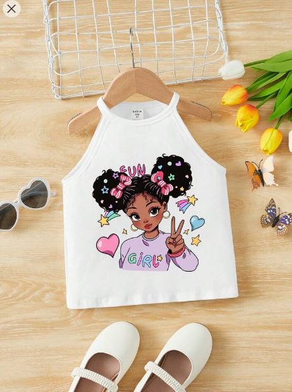 Shein Young Girl Casual Sleeveless Tank Top With Human Portrait Design, 4T /