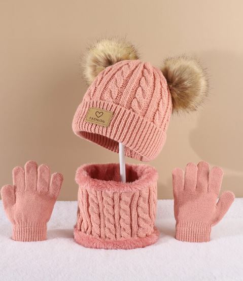 Shein Toddler Girls Pom Pom Decor Beanie & Infinity Scarf & Gloves */