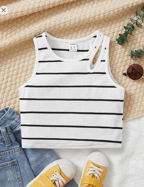 Shein Tween Girl Summer Striped Close-Fitting Hollow Out Tank Top /