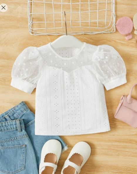 Shein Young Girl Eyelet Embroidery Puff Sleeve Tee, 7T /