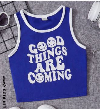 Shein Kids Girls Slogan & Cartoon Face Print Contrast Binding Tank Top, 11-12T*/
