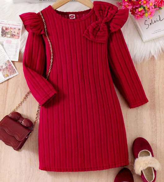 Shein Simple Casual Everyday Cap Sleeve Big Bow Ribbed Dress, 5T /