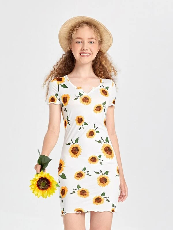 Shein Teen Girls Allover Sunflower Print Notch Neck Lettuce Trim Dress, 8-9T*