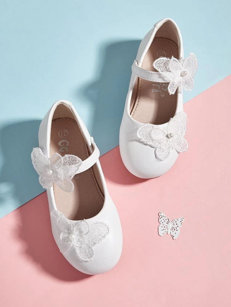 Shein Girls Faux Pearl & Butterfly Decor Mary Jane Flats, Size: 31*