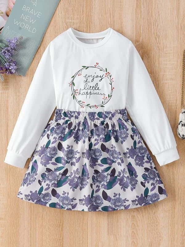 Shein Girls Slogan & Floral Print Pullover & Skirt, 13-14T*/