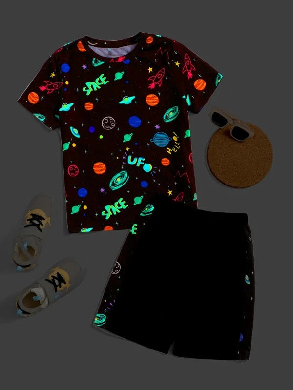 Shein Boys Reflective Galaxy Print Tee & Shorts Set, 13-14T*