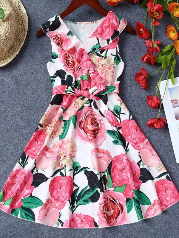 Shein Girls Floral Print Ruffle Trim Belted Dress, 7-8T*\