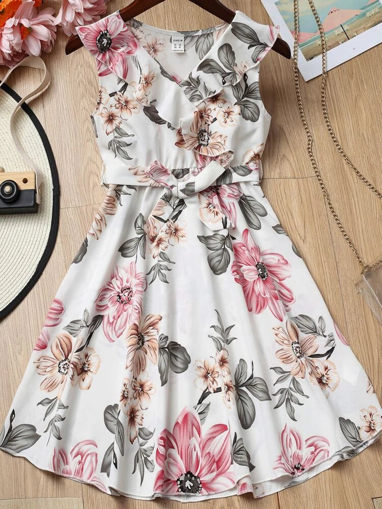 Shein Girls Floral Print Ruffle Trim Belted Dress, 7-8T*/