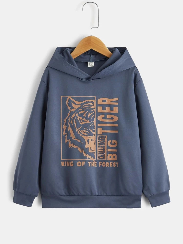 Shein Boys Tiger & Letter Graphic Hooded Sweatshirt, 11-12T*\