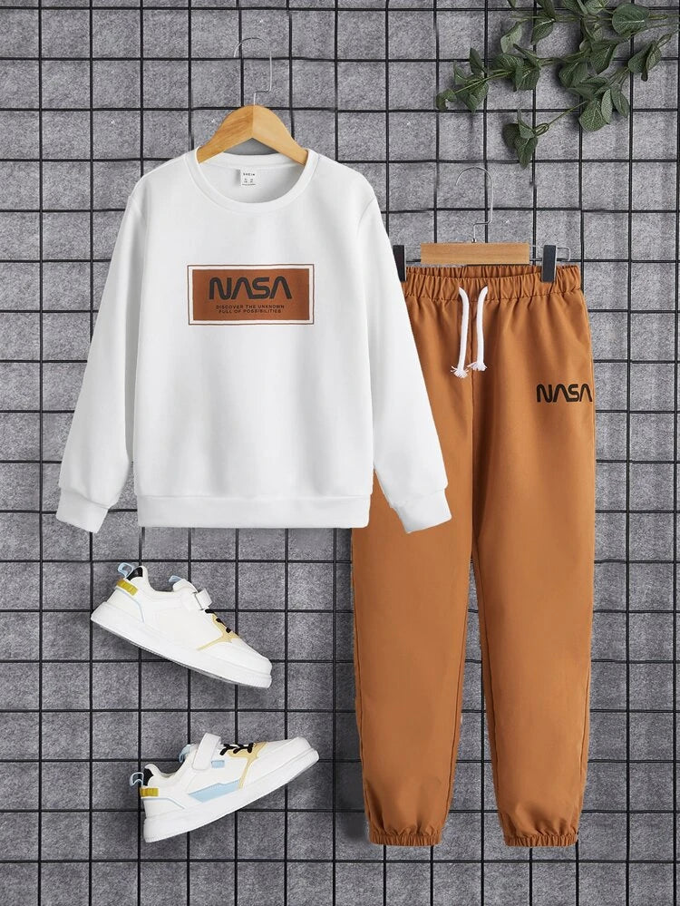 Shein Boys Slogan Graphic Pullover & Pants, 13-14T*