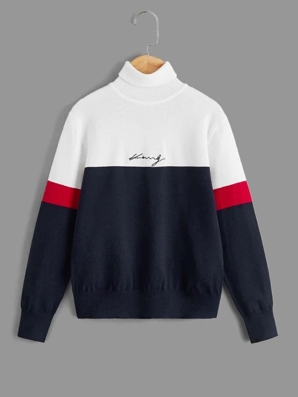 Shein Boys Letter Embroidery Color Block Turtleneck Sweater *
