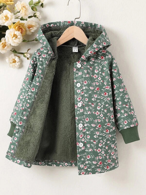 Shein Toddler Girls Floral Print Teddy Lined Hooded Coat, 7-8T */