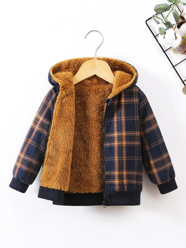 Shein Toddler Boys Plaid Print Teddy Lined Hooded Jacket*/