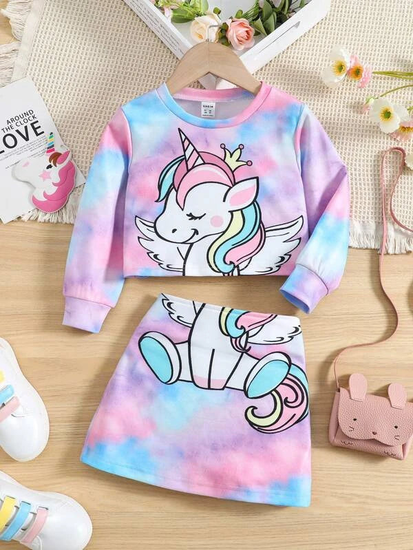 Shein Toddler Girls Unicorn Print Tie Dye Sweatshirt & Skirt*/