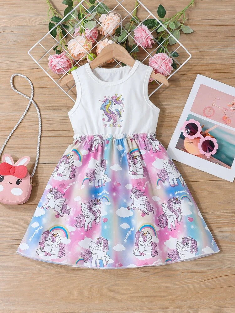 Shein Toddler Girls Unicorn Print Dress, 7T*/