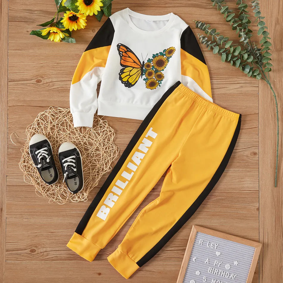 PAT PAT 2-Piece Butterfly Print Colorblock Pullover and Casual Letter Print Pants Set, 11-12T*/