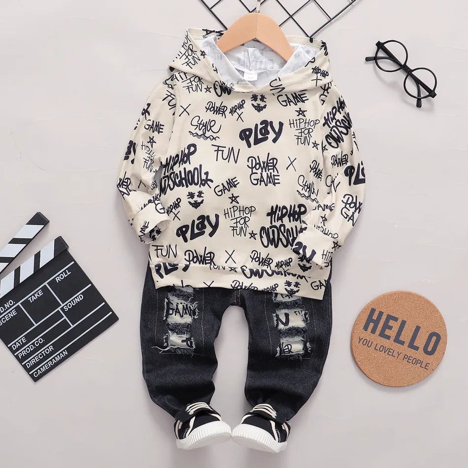 Pat Pat 2 Pieces Baby Boy 95% Cotton Ripped Jeans and Long Sleeve Graffiti Lettering Hoodie Set ,12-18M*\