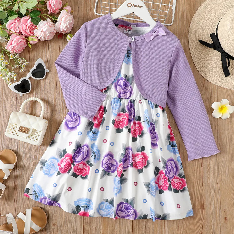 Pat Pat 2pcs Kid Girl Floral Print Sleeveless Dress and Long-sleeve Purple Bowknot Design Cardigan Set, 6-7T*/