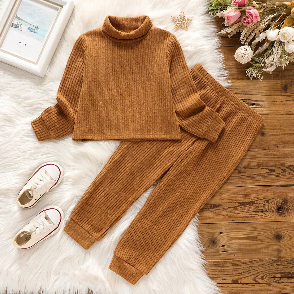 Patpat 2pcs Toddler Girl Solid Color Ribbed Turtleneck Long-sleeve Tee and Elasticized Pants Set , 3-4T *