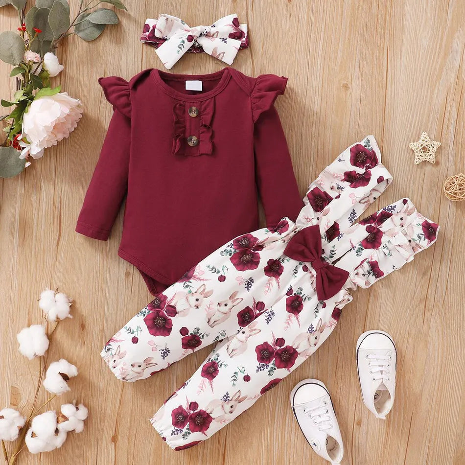 Pat Pat 3pcs Baby Girl 95% Cotton Long-sleeve Romper and Floral Print Ruffle Overalls with Headband Set*