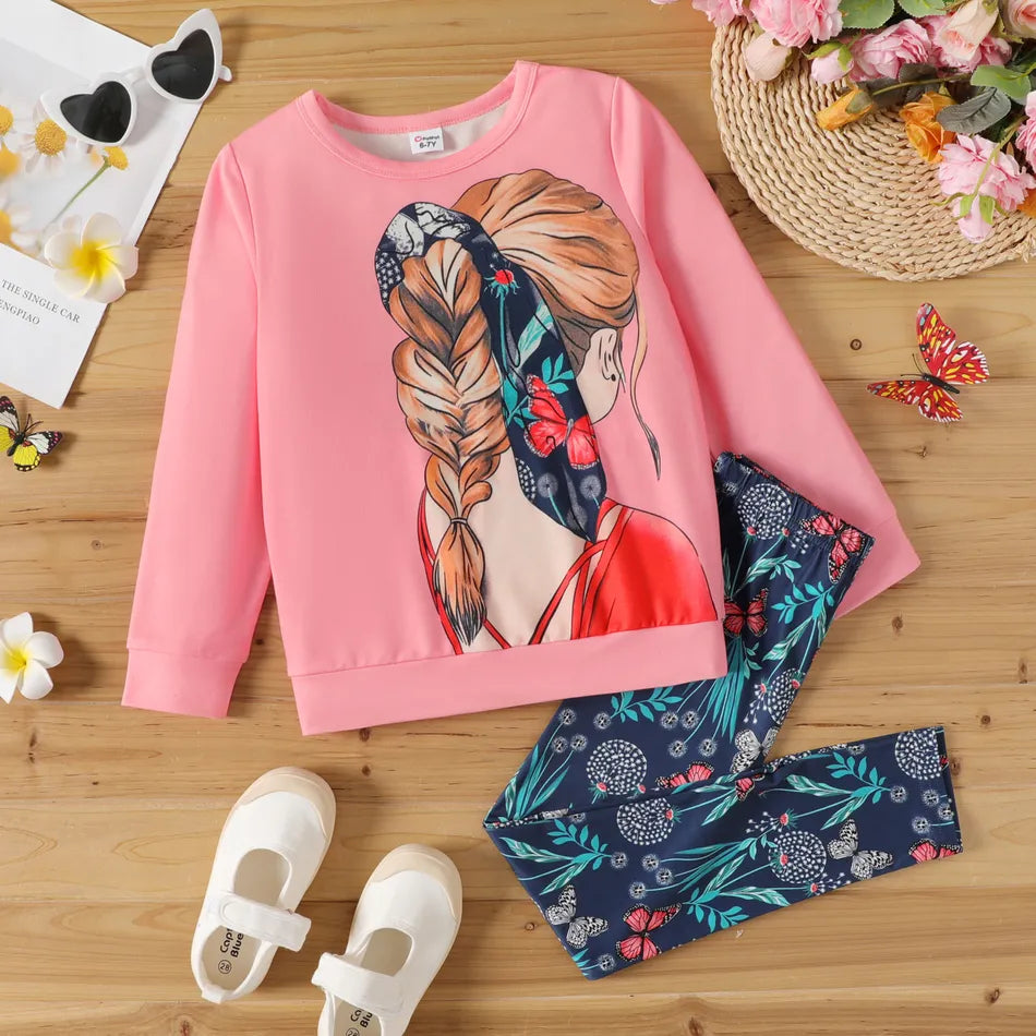 Pat Pat 2-Piece Figure Print Pink Sweatshirt & Floral Print Legging Set*/