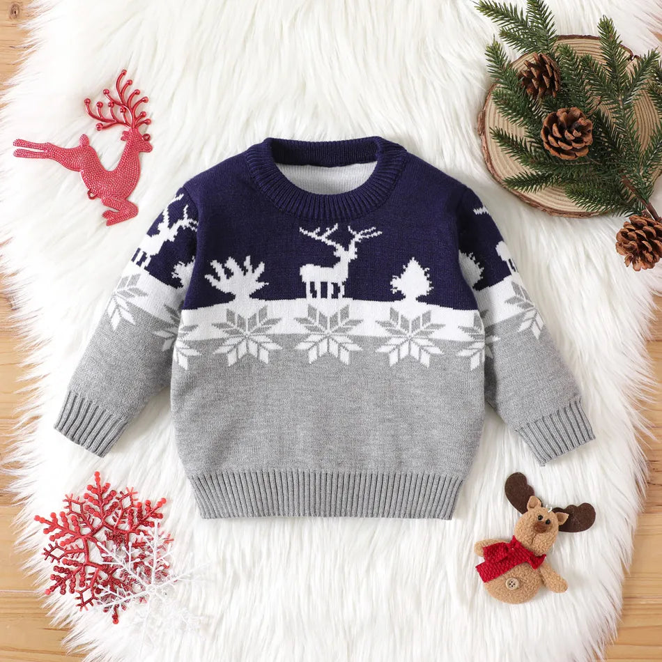 PAT PAT Christmas Deer & Snowflake Pattern Long Sleeve Colorblock Knitted Sweater, 12-18M*\