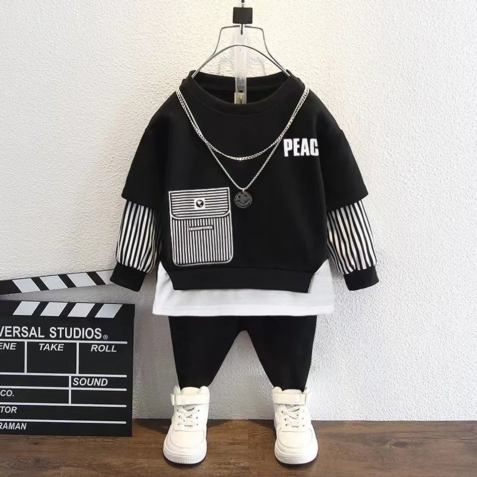 Pat Pat 2pcs Kid Boy Faux-two Letter Print Striped Sweatshirt and Black Pants Set,