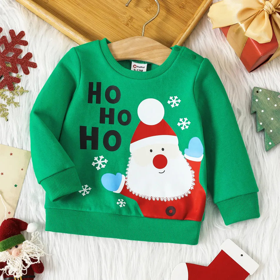 Pat Pat Christmas Santa & Letter Print Green Long-sleeve Pullover Sweatshirt*\