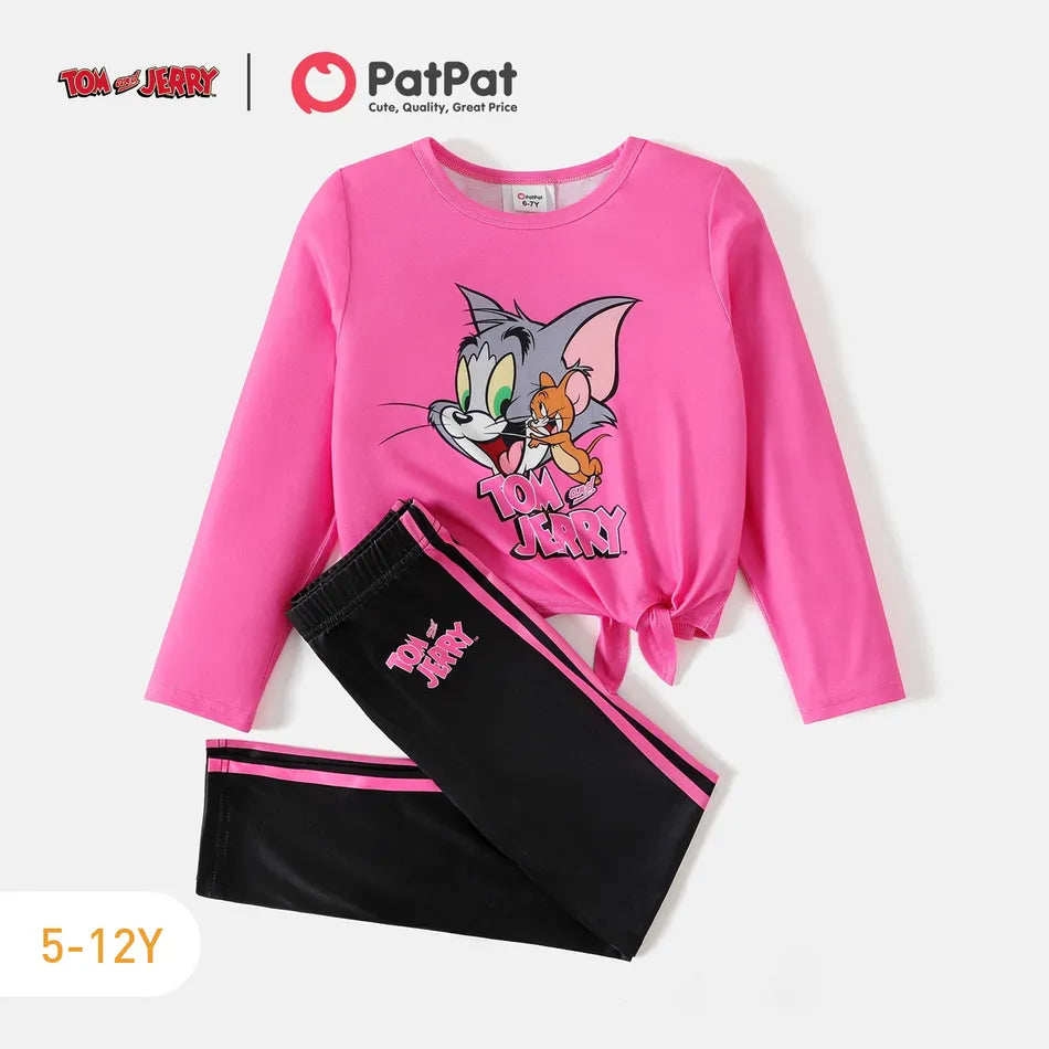 Pat Pat Tom and Jerry 2pcs Kid Girl Letter Print Tie Knot Tee & Pants Set, 9-10T*