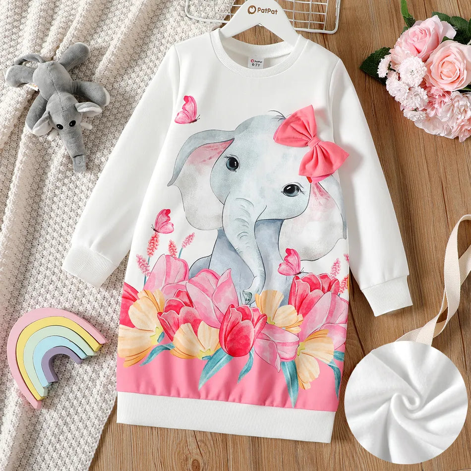 Pat Pat Kid Girl 3D Bowknot Design Floral Elegant Print Fleece Lined Sweatshirt Dress, 11-12T*/