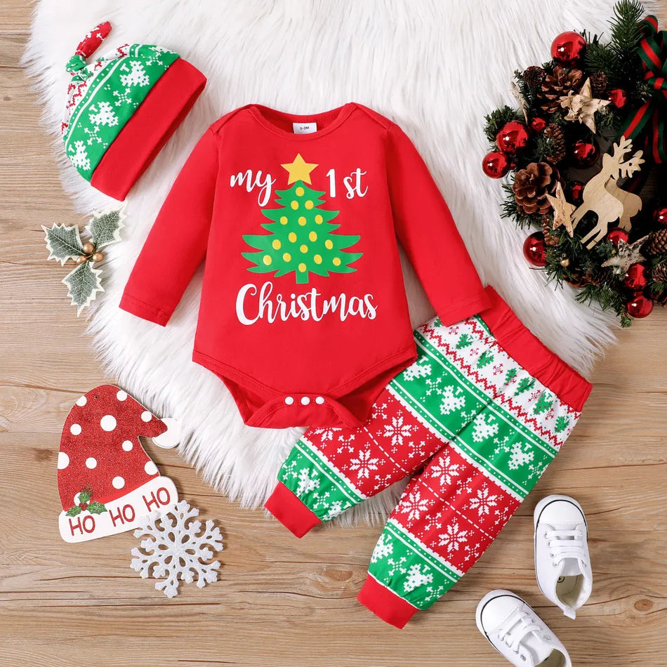 Pat Pat Christmas 3pcs Baby Boy/Girl Tree & Letter Print Red Romper & Pants with Hat Set*\