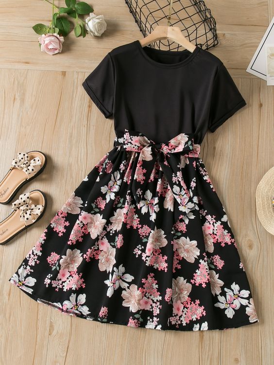Shein Girls Floral Print Belted Dress, 7-8T *