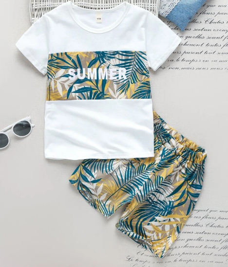 Shein Toddler Boys Tropical & Letter Graphic Tee & Shorts , 5-6T*