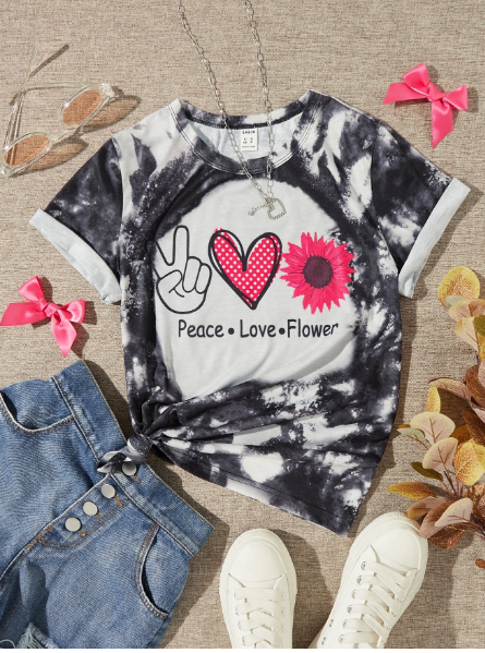 Shein Girls Tie Dye Heart & Letter Graphic Tee, 9T*