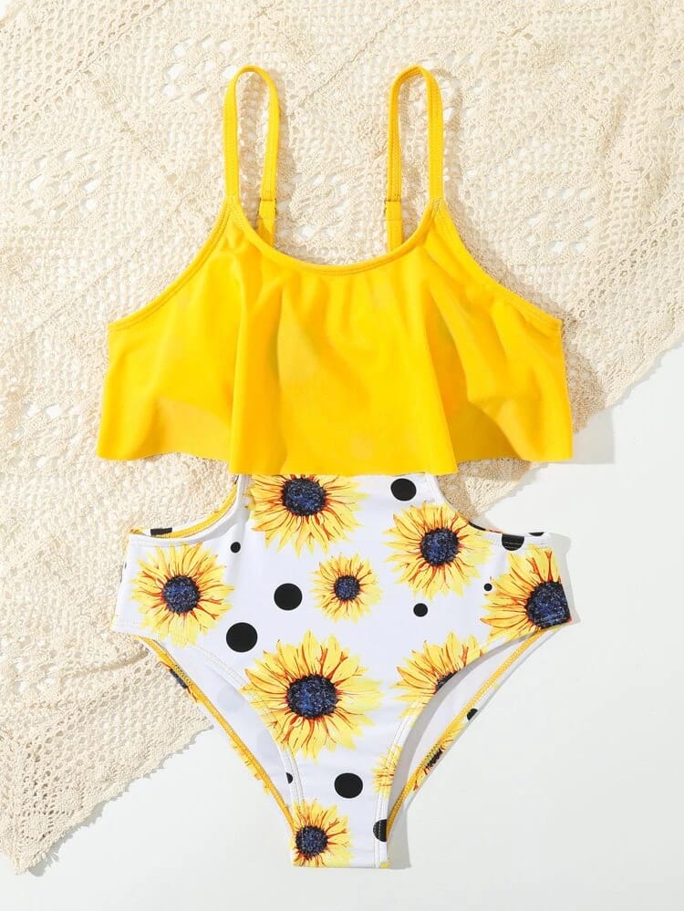 Shein Girls 1pack Sunflower Print Cut Out One Piece Swimsuit, 11-12T*\