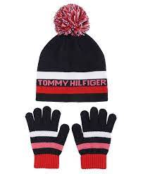 Tommy Big Girls Double Stripe Beanie and Magic Glove, 2 Piece Set *